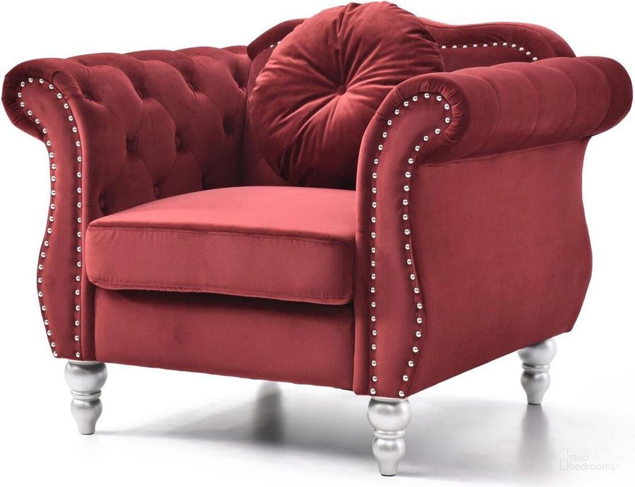 The appearance of Glory Furniture Hollywood Burgundy Chair designed by Glory in the transitional interior design. This burgundy piece of furniture  was selected by 1StopBedrooms from Hollywood Collection to add a touch of cosiness and style into your home. Sku: G0669A-C. Material: Wood. Product Type: Chair. Image1