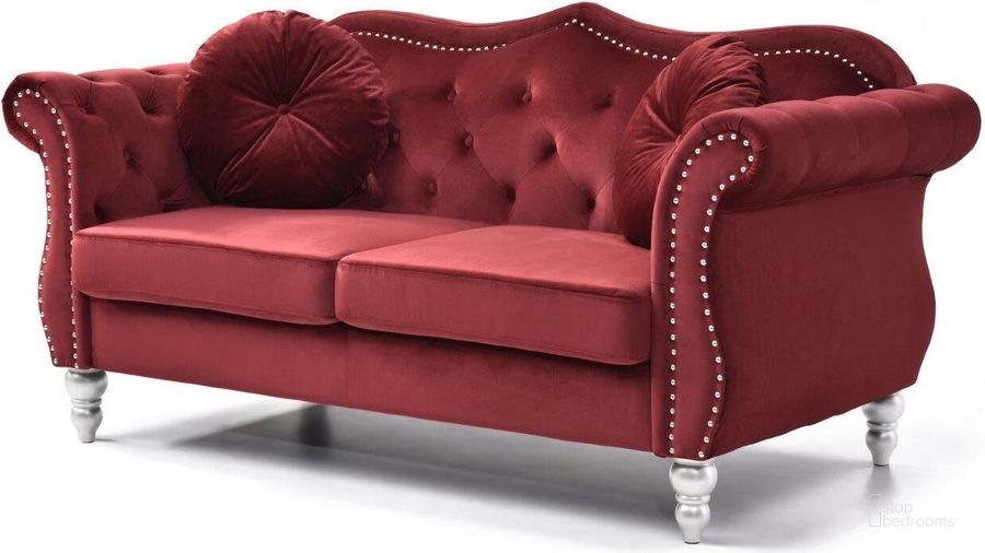 The appearance of Glory Furniture Hollywood Burgundy Loveseat designed by Glory in the transitional interior design. This burgundy piece of furniture  was selected by 1StopBedrooms from Hollywood Collection to add a touch of cosiness and style into your home. Sku: G0669A-L-Loveseat Base and Cushions;G0669A-L-Loveseat Arms. Material: Wood. Product Type: Loveseat. Image1