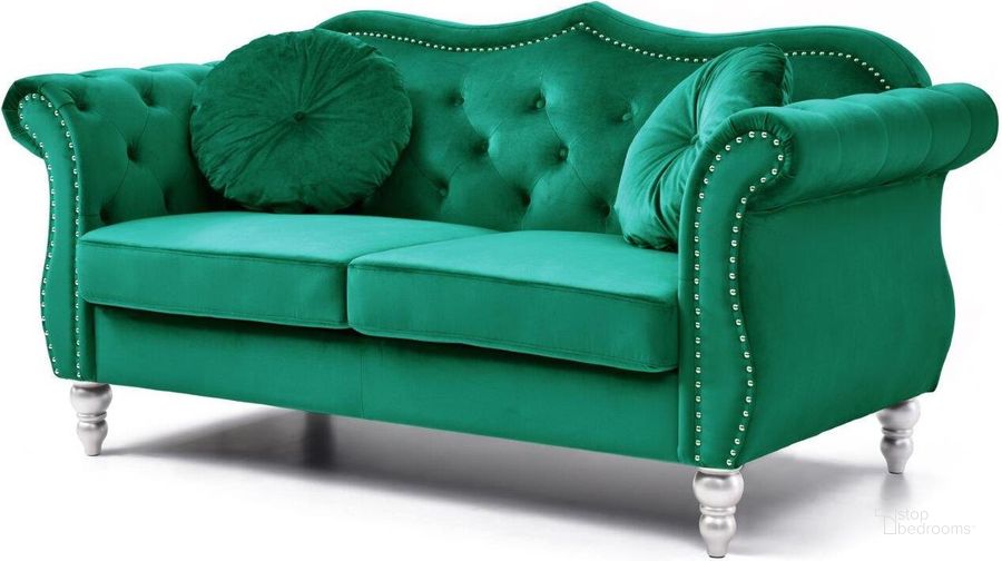 The appearance of Glory Furniture Hollywood Green Loveseat designed by Glory in the transitional interior design. This green piece of furniture  was selected by 1StopBedrooms from Hollywood Collection to add a touch of cosiness and style into your home. Sku: G0662A-L-Loveseat Base and Cushions;G0662A-L-Loveseat Arms. Material: Wood. Product Type: Loveseat. Image1