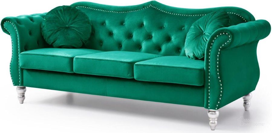 The appearance of Glory Furniture Hollywood Green Sofa designed by Glory in the transitional interior design. This green piece of furniture  was selected by 1StopBedrooms from Hollywood Collection to add a touch of cosiness and style into your home. Sku: G0662A-S-Sofa Base ,Cushions;G0662A-S-Sofa Arms. Material: Wood. Product Type: Sofa. Image1