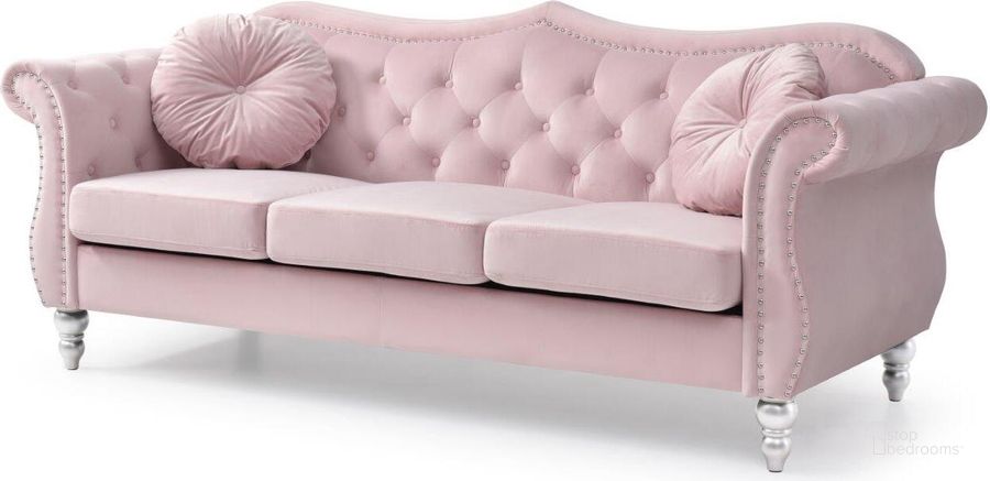 The appearance of Glory Furniture Hollywood Pink Sofa designed by Glory in the transitional interior design. This pink piece of furniture  was selected by 1StopBedrooms from Hollywood Collection to add a touch of cosiness and style into your home. Sku: G0664A-S-Sofa Base ,Cushions;G0664A-S-Sofa Arms. Material: Wood. Product Type: Sofa. Image1