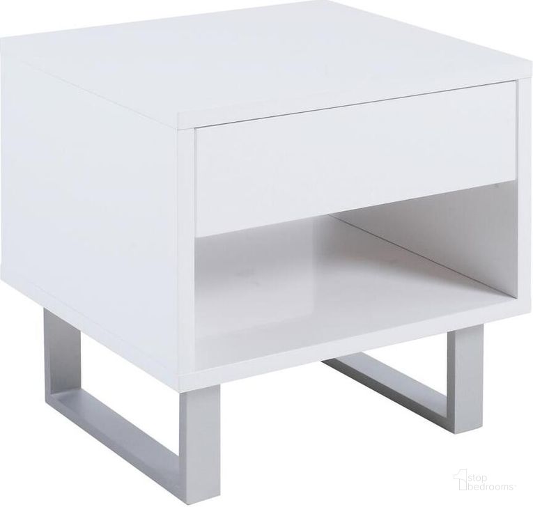The appearance of Glossy White 1 Drawer End Table designed by Coaster in the modern / contemporary interior design. This white piece of furniture  was selected by 1StopBedrooms from Glossy Collection to add a touch of cosiness and style into your home. Sku: 705697. Material: Wood. Product Type: End Table. Table Top Shape: Rectangular. Image1