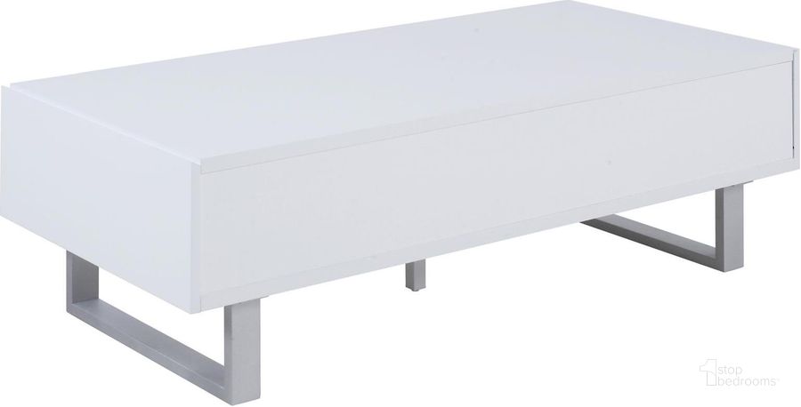 The appearance of Glossy White 2 Drawer Coffee Table designed by Coaster in the modern / contemporary interior design. This white piece of furniture  was selected by 1StopBedrooms from Glossy Collection to add a touch of cosiness and style into your home. Sku: 705698. Material: Wood. Product Type: Coffee Table. Table Top Shape: Rectangular. Image1