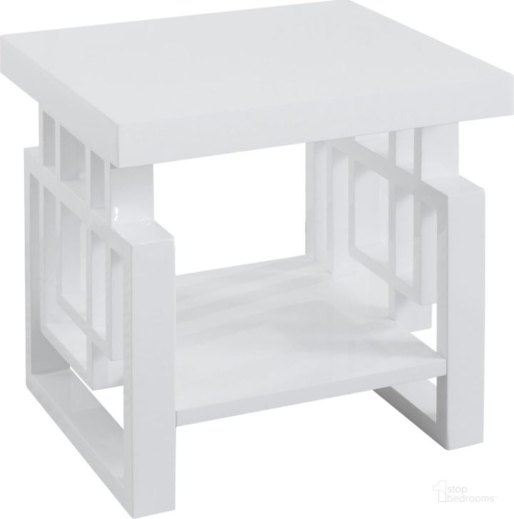The appearance of Glossy White Windowpane End Table designed by Coaster in the modern / contemporary interior design. This white piece of furniture  was selected by 1StopBedrooms from Glossy Collection to add a touch of cosiness and style into your home. Sku: 705707. Table Top Shape: Square. Material: Wood. Product Type: End Table. Image1
