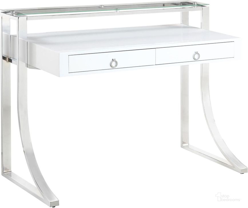 The appearance of Glossy White Writing Desk designed by Coaster in the modern / contemporary interior design. This white piece of furniture  was selected by 1StopBedrooms from White Collection to add a touch of cosiness and style into your home. Sku: 802141B1;802141B2. Material: Wood. Product Type: Writing Desk. Image1