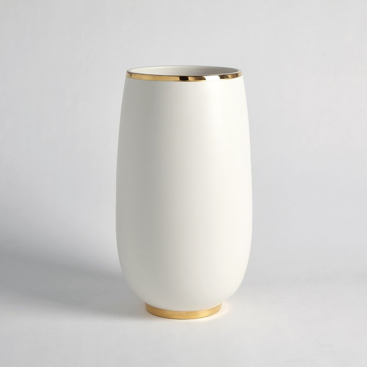 The appearance of Gold Rim Bulb Large Vase In White designed by Global Views in the modern / contemporary interior design. This gold piece of furniture  was selected by 1StopBedrooms from Gold Collection to add a touch of cosiness and style into your home. Sku: 1.10761. Material: Ceramic. Product Type: Vase. Image1