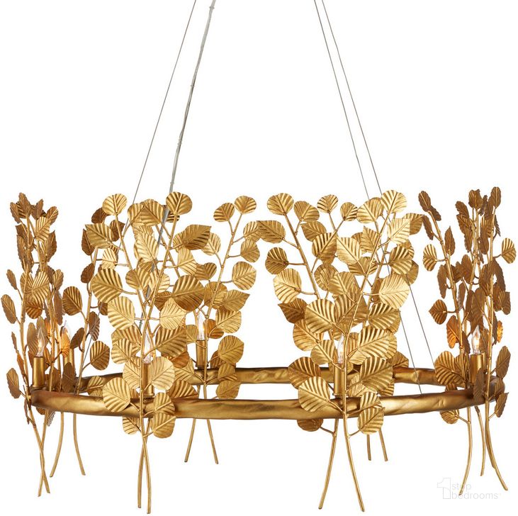 The appearance of Golden Eucalyptus Round Chandelier designed by Currey & Company in the modern / contemporary interior design. This gold piece of furniture  was selected by 1StopBedrooms from Aviva Stanoff Collection to add a touch of cosiness and style into your home. Sku: 9000-0975. Product Type: Chandelier. Material: Iron. Image1