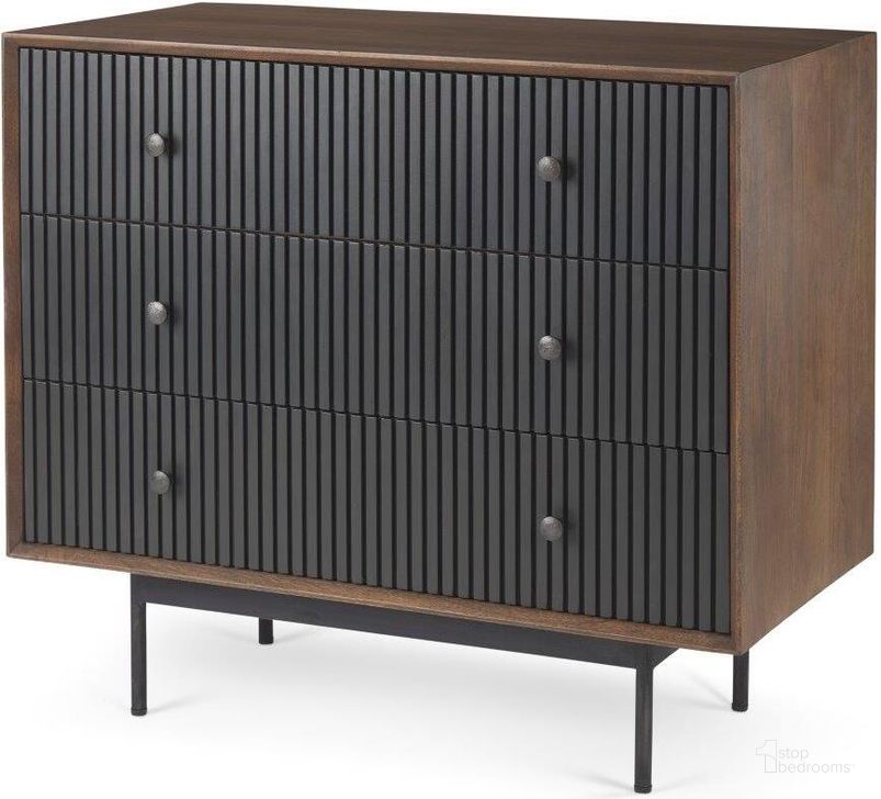 The appearance of Grace Medium Brown Wood With Black Metal Frame 3 Drawer Accent Cabinet designed by Mercana in the modern / contemporary interior design. This brown piece of furniture  was selected by 1StopBedrooms from Grace Collection to add a touch of cosiness and style into your home. Sku: 69755. Material: Wood. Product Type: Accent Cabinet. Image1