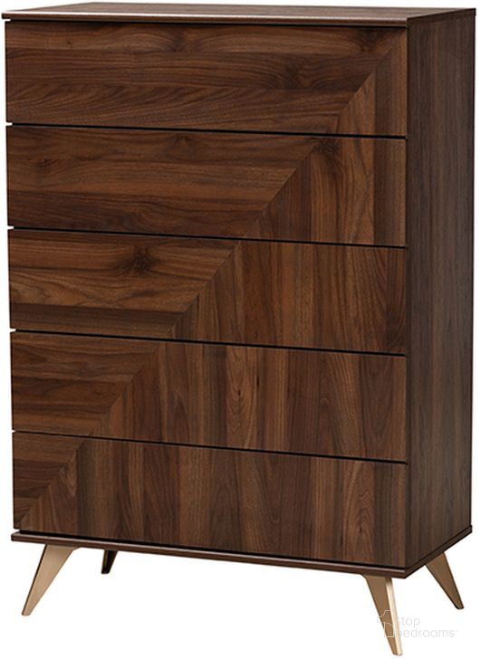 The appearance of Graceland Walnut Brown Finished Wood 5-Drawer Storage Chest designed by Baxton Studio in the transitional interior design. This walnut brown piece of furniture  was selected by 1StopBedrooms from Graceland Collection to add a touch of cosiness and style into your home. Sku: LV45COD4523WI-CLB-5DW-Chest. Material: Wood. Product Type: Chest. Image1