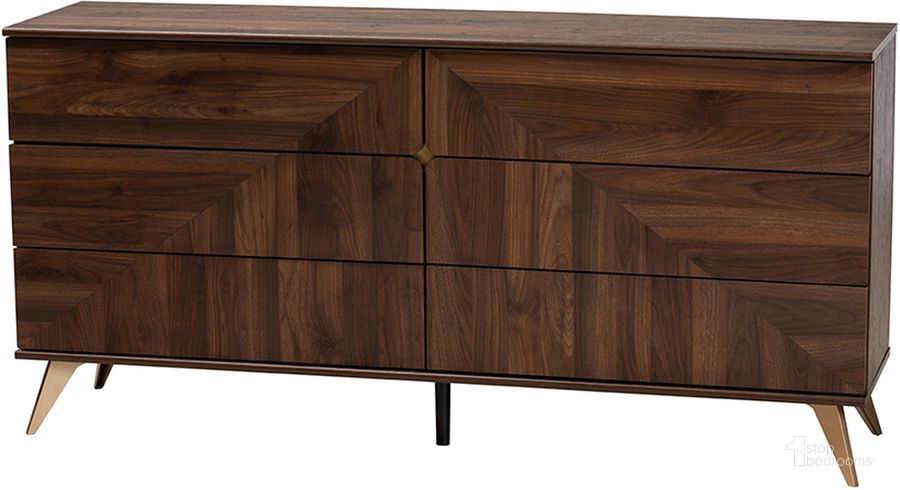 The appearance of Graceland Walnut Brown Finished Wood 6-Drawer Dresser designed by Baxton Studio in the transitional interior design. This brown and gold piece of furniture  was selected by 1StopBedrooms from Graceland Collection to add a touch of cosiness and style into your home. Sku: LV45COD45231WI-CLB-6DW-Dresser. Material: Wood. Product Type: Dresser. Image1