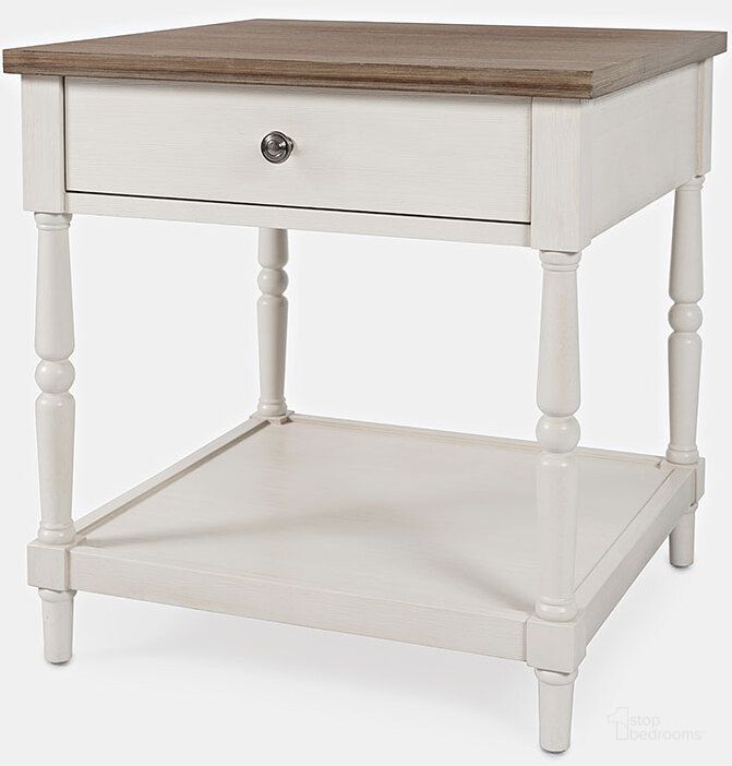 The appearance of Grafton Farms Country Farmhouse End Table With Drawer designed by Jofran in the country / farmhouse interior design. This white and brown piece of furniture  was selected by 1StopBedrooms from Grafton Farms Collection to add a touch of cosiness and style into your home. Sku: 1978-3. Material: Wood. Product Type: End Table. Image1
