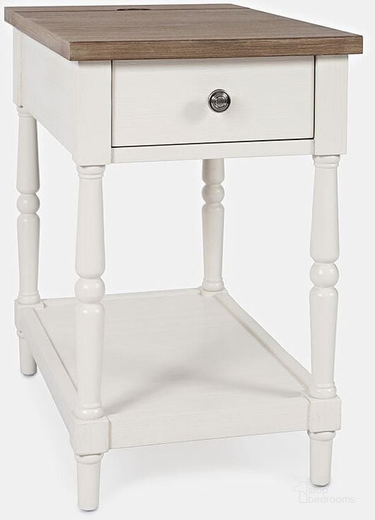 The appearance of Grafton Farms Country Farmhouse Usb Charging Chair Side Table designed by Jofran in the country / farmhouse interior design. This white and brown piece of furniture  was selected by 1StopBedrooms from Grafton Farms Collection to add a touch of cosiness and style into your home. Sku: 1978-7. Material: Wood. Product Type: Chairside Table. Image1