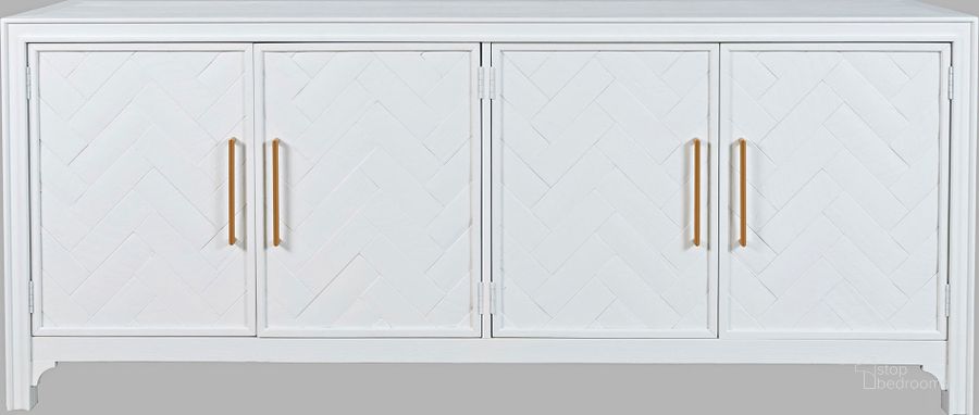The appearance of Gramercy Mid-Century Modern Chevron Four Door 79 Inch Accent Cabinet In White designed by Jofran in the transitional interior design. This white piece of furniture  was selected by 1StopBedrooms from Gramercy Collection to add a touch of cosiness and style into your home. Sku: 2056-79. Material: Wood Veneer. Product Type: Accent Cabinet. Image1