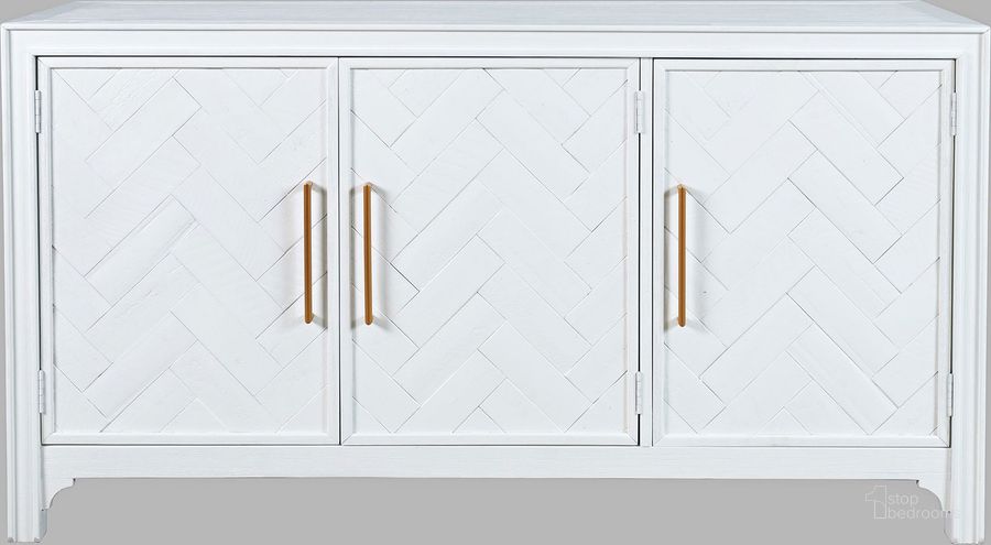 The appearance of Gramercy Mid-Century Modern Chevron Three Door 60 Inch Accent Cabinet In White designed by Jofran in the transitional interior design. This white piece of furniture  was selected by 1StopBedrooms from Gramercy Collection to add a touch of cosiness and style into your home. Sku: 2056-60. Material: Wood Veneer. Product Type: Accent Cabinet. Image1