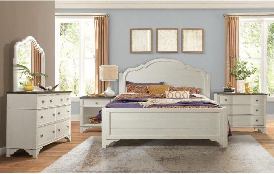 The appearance of Grand Haven Feathered White Panel Bedroom Set designed by Riverside Furniture in the country / farmhouse interior design. This white piece of furniture  was selected by 1StopBedrooms from Grand Haven Collection to add a touch of cosiness and style into your home. Sku: 17270;17271;17272;17268. Bed Type: Panel Bed. Product Type: Panel Bed. Bed Size: Queen. Image1