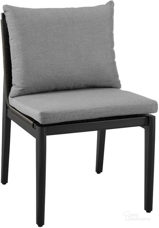 The appearance of Grand Outdoor Patio Dining Chairs In Aluminum With Grey Cushions - Set Of 2 designed by Armen Living in the modern / contemporary interior design. This dark grey piece of furniture  was selected by 1StopBedrooms from Grand Collection to add a touch of cosiness and style into your home. Sku: 840254332720. Material: Aluminum. Product Type: Outdoor Dining Chair. Image1