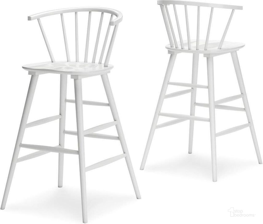 The appearance of Grannen White Tall Barstool Set Of 2 designed by Signature Design by Ashley in the modern / contemporary interior design. This white piece of furniture  was selected by 1StopBedrooms from Grannen Collection to add a touch of cosiness and style into your home. Sku: D407-130. Material: Wood. Product Type: Barstool. Image1