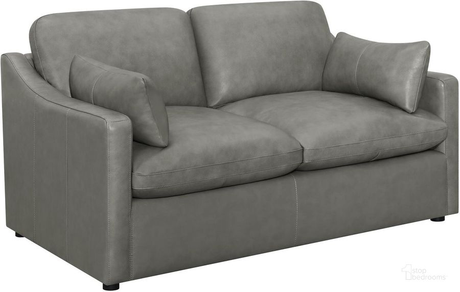 The appearance of Grayson Grey Leather Loveseat designed by Coaster in the transitional interior design. This gray piece of furniture  was selected by 1StopBedrooms from Grayson Collection to add a touch of cosiness and style into your home. Sku: 506772. Material: Leather. Product Type: Loveseat. Image1