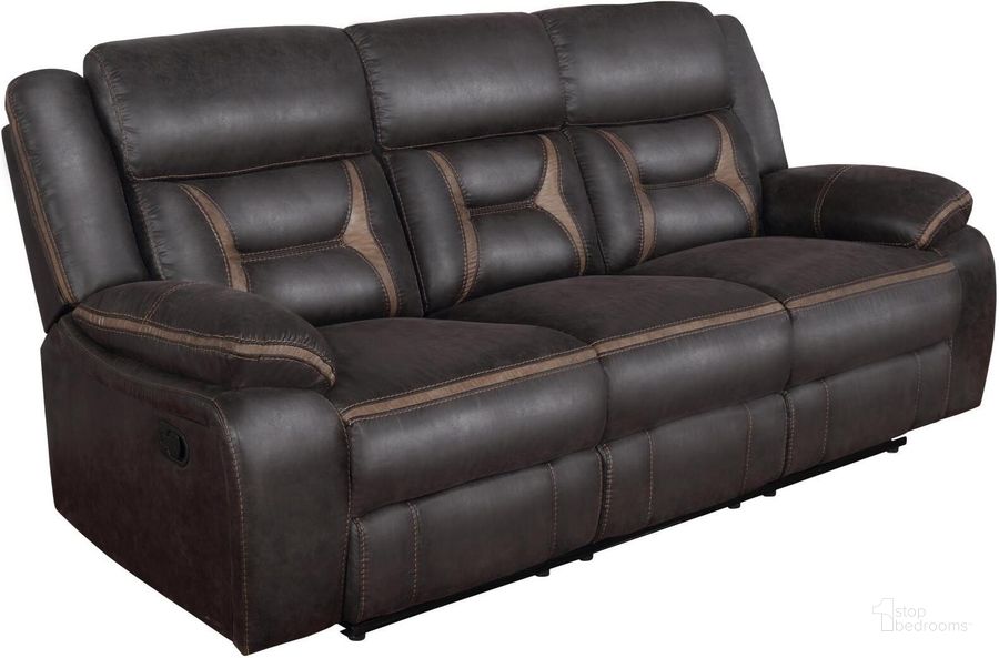 The appearance of Greer Dark Brown Reclining Sofa designed by Coaster in the modern / contemporary interior design. This brown piece of furniture  was selected by 1StopBedrooms from Greer Collection to add a touch of cosiness and style into your home. Sku: 651354. Product Type: Reclining Sofa. Image1