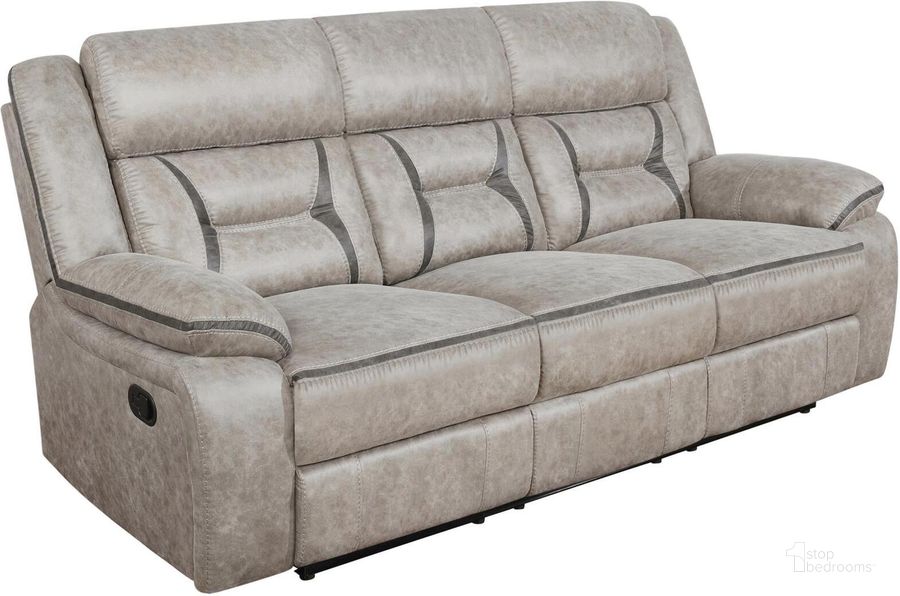 The appearance of Greer Taupe Reclining Sofa designed by Coaster in the modern / contemporary interior design. This beige piece of furniture  was selected by 1StopBedrooms from Greer Collection to add a touch of cosiness and style into your home. Sku: 651351. Material: Wood. Product Type: Reclining Sofa. Image1