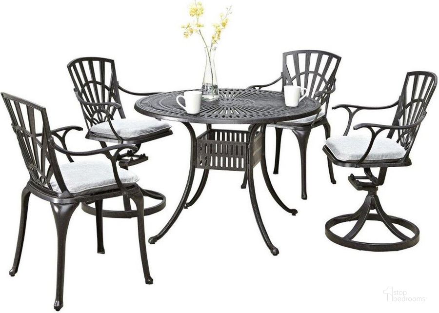 The appearance of Grenada Charcoal 5 Piece Outdoor Dining Set 6660-3058C designed by Homestyles in the traditional interior design. This charcoal piece of furniture  was selected by 1StopBedrooms from Grenada Collection to add a touch of cosiness and style into your home. Sku: 6660-80;6660-CUS;6660-CUS;6660-CUS;6660-CUS;6660-30;6660-53;6660-53. Table Base Style: Trestle. Table Top Shape: Round. Material: Aluminum. Product Type: Outdoor Dining Set. Image1