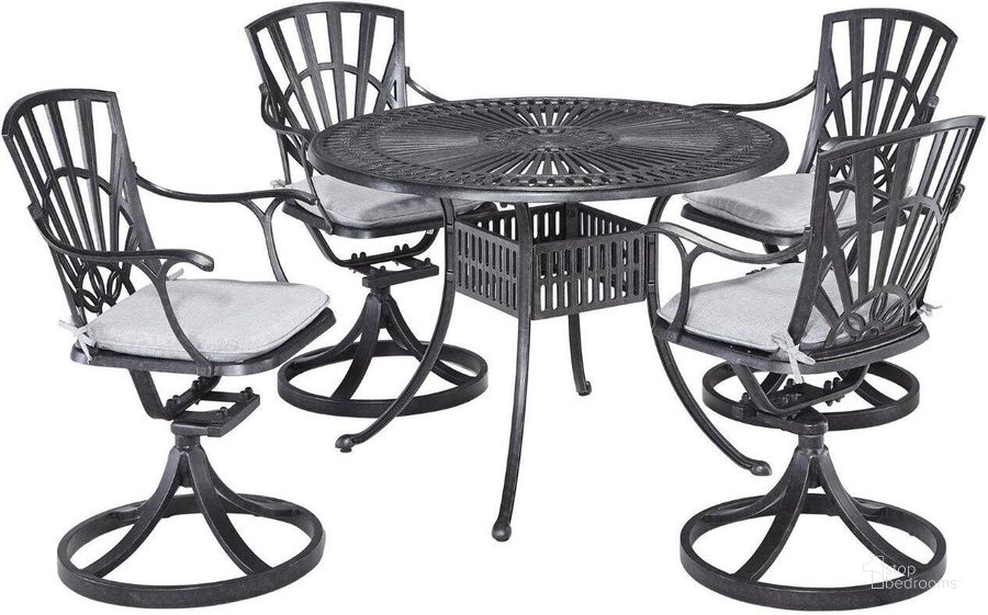 The appearance of Grenada Charcoal 5 Piece Outdoor Dining Set 6660-305C designed by Homestyles in the traditional interior design. This charcoal piece of furniture  was selected by 1StopBedrooms from Grenada Collection to add a touch of cosiness and style into your home. Sku: 6660-30;6660-53;6660-53;6660-53;6660-53;6660-CUS;6660-CUS;6660-CUS;6660-CUS. Table Base Style: Trestle. Table Top Shape: Round. Material: Aluminum. Product Type: Outdoor Dining Set. Image1