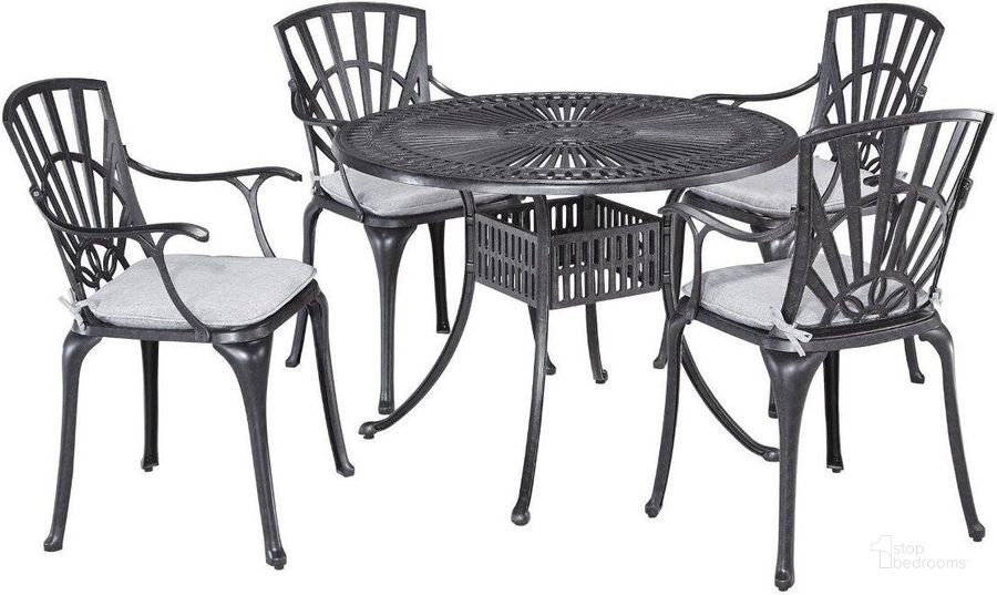 The appearance of Grenada Charcoal 5 Piece Outdoor Dining Set 6660-308C designed by Homestyles in the traditional interior design. This charcoal piece of furniture  was selected by 1StopBedrooms from Grenada Collection to add a touch of cosiness and style into your home. Sku: 6660-30;6660-CUS;6660-CUS;6660-CUS;6660-CUS;6660-80;6660-80. Table Base Style: Trestle. Table Top Shape: Round. Material: Aluminum. Product Type: Outdoor Dining Set. Image1