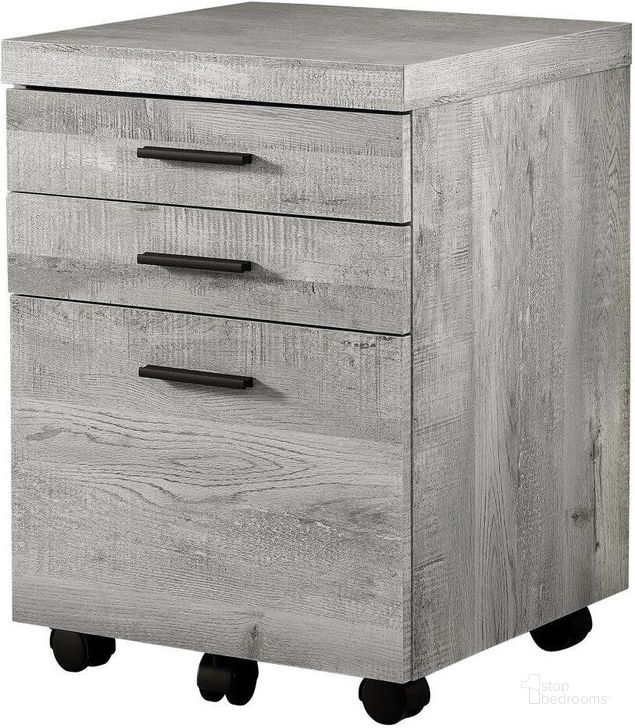 The appearance of Grey 3 Drawer Filing Cabinet In Reclaimed Wood Castors designed by Monarch Specialties in the modern / contemporary interior design. This grey piece of furniture  was selected by 1StopBedrooms from  to add a touch of cosiness and style into your home. Sku: I 7401. Product Type: Filing Cabinets and Storage. Material: Plastic. Image1