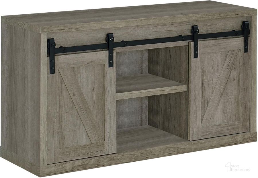 The appearance of Grey Driftwood 48 Inch Tv Console w/ Sliding Barn Doors designed by Coaster in the traditional interior design. This gray piece of furniture  was selected by 1StopBedrooms from  to add a touch of cosiness and style into your home. Sku: 723261. Material: MDF. Product Type: TV Stands and TV Console. Image1