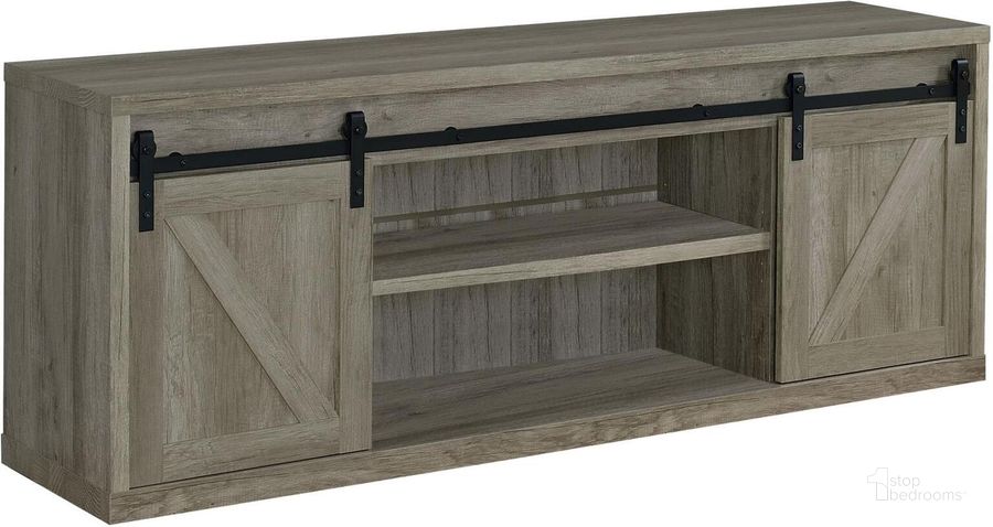 The appearance of Grey Driftwood 71 Inch Tv Console w/ Sliding Barn Doors designed by Coaster in the traditional interior design. This gray piece of furniture  was selected by 1StopBedrooms from  to add a touch of cosiness and style into your home. Sku: 723263. Material: MDF. Product Type: TV Stands and TV Console. Image1
