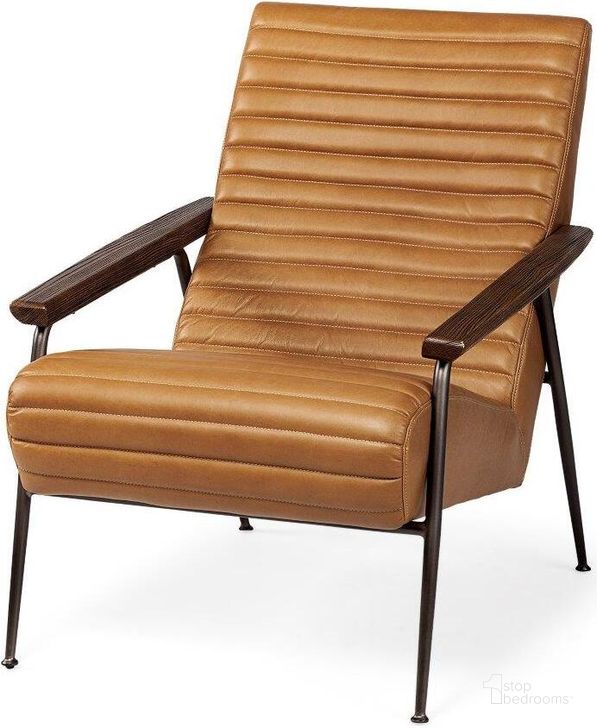The appearance of Grosjean Brown Leather Wrap Metal Frame Accent Chair designed by Mercana in the modern / contemporary interior design. This black and brown piece of furniture  was selected by 1StopBedrooms from Grosjean Collection to add a touch of cosiness and style into your home. Sku: 69131. Material: Metal. Product Type: Accent Chair. Image1
