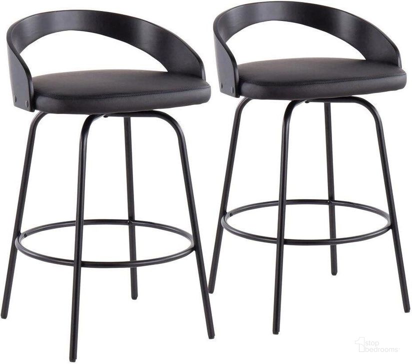 The appearance of Grotto Claire Fixed-Height Counter Stool With Swivel In Black Steel, Black Wood, And Black Faux Leather With Black Footrest - Set Of 2 designed by Lumisource in the modern / contemporary interior design. This black piece of furniture  was selected by 1StopBedrooms from Grotto Collection to add a touch of cosiness and style into your home. Sku: B26-GRTCLAIRE2-SWVQ BKBK2. Product Type: Barstool. Material: PU. Image1