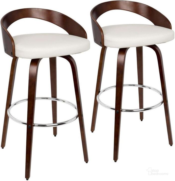 The appearance of Grotto Mid-Century Modern Barstool With Swivel In Cherry With White Faux Leather - Set Of 2 designed by Lumisource in the transitional interior design. This cherry piece of furniture  was selected by 1StopBedrooms from Grotto Collection to add a touch of cosiness and style into your home. Sku: B30-GROTTO2-SWVR CHW2. Product Type: Barstool. Material: PU. Image1