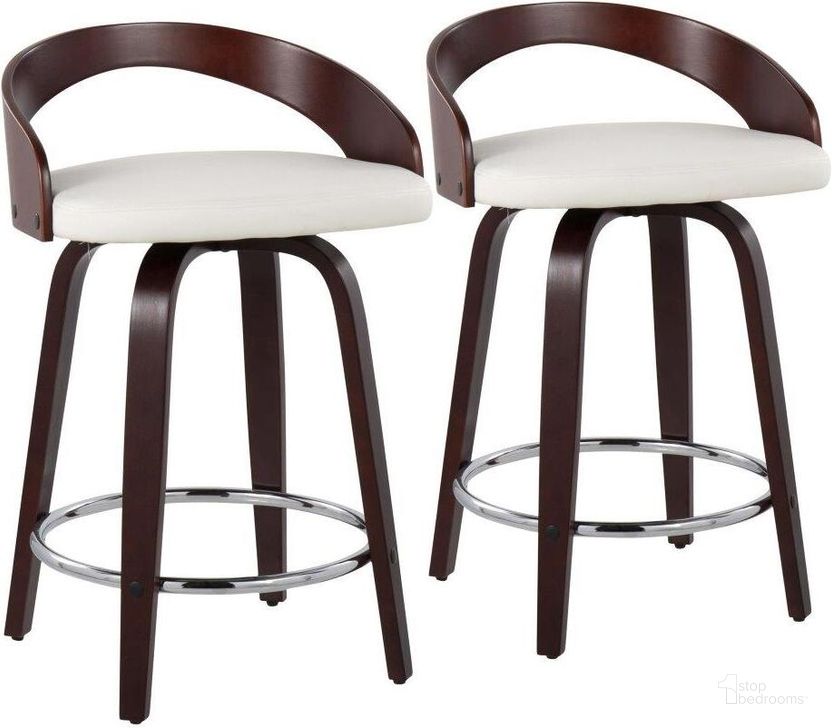 The appearance of Grotto Mid Century Modern Counter Stool With Swivel In Cherry With White Faux Leather Set Of 2 designed by Lumisource in the transitional interior design. This cherry piece of furniture  was selected by 1StopBedrooms from Grotto Collection to add a touch of cosiness and style into your home. Sku: B24-GROTTO2-SWVR CHW2. Material: Wood. Product Type: Barstool. Image1