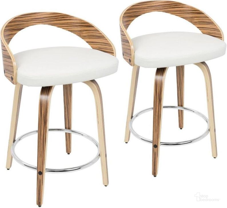 The appearance of Grotto Mid-Century Modern Counter Stool With Swivel In Zebra Wood And White Faux Leather - Set Of 2 designed by Lumisource in the transitional interior design. This zebra piece of furniture  was selected by 1StopBedrooms from Grotto Collection to add a touch of cosiness and style into your home. Sku: B24-GROTTO2-SWVR ZBW2. Product Type: Barstool. Material: PU. Image1