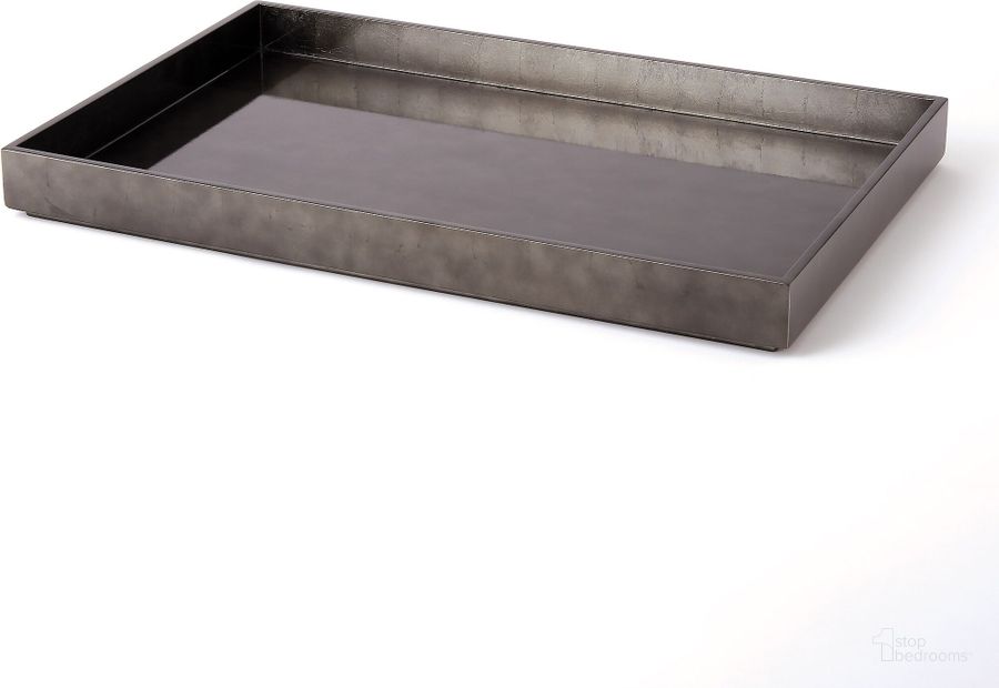 The appearance of Gunmetal Silver Leaf Rectangle Large Tray In Gray designed by Global Views in the modern / contemporary interior design. This gray piece of furniture  was selected by 1StopBedrooms from Gunmetal Collection to add a touch of cosiness and style into your home. Sku: 7.20172. Product Type: Tray. Material: MDF. Image1