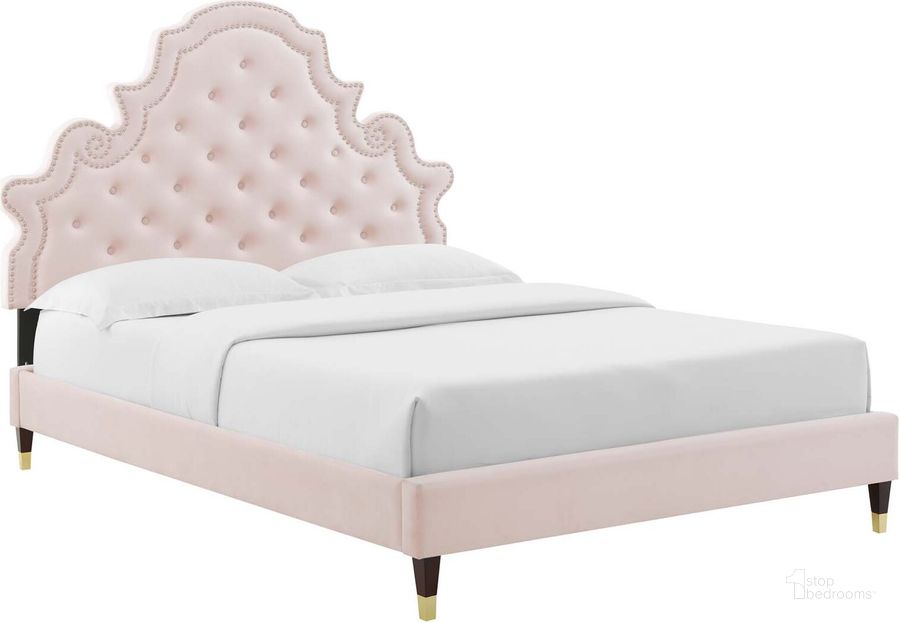 The appearance of Gwyneth Tufted Performance Velvet Full Platform Bed MOD-6758-PNK designed by Modway in the modern / contemporary interior design. This pink piece of furniture  was selected by 1StopBedrooms from Gwyneth Collection to add a touch of cosiness and style into your home. Sku: MOD-6758-PNK. Bed Type: Platform Bed. Product Type: Platform Bed. Bed Size: Full. Material: MDF. Image1