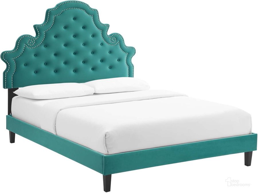 The appearance of Gwyneth Tufted Performance Velvet Full Platform Bed MOD-6759-TEA designed by Modway in the modern / contemporary interior design. This teal piece of furniture  was selected by 1StopBedrooms from Gwyneth Collection to add a touch of cosiness and style into your home. Sku: MOD-6759-TEA. Bed Type: Platform Bed. Product Type: Platform Bed. Bed Size: Full. Material: MDF. Image1