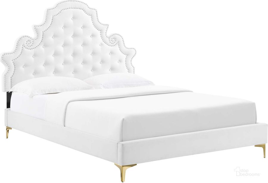 The appearance of Gwyneth Tufted Performance Velvet King Platform Bed MOD-6760-WHI designed by Modway in the modern / contemporary interior design. This white piece of furniture  was selected by 1StopBedrooms from Gwyneth Collection to add a touch of cosiness and style into your home. Sku: MOD-6760-WHI. Bed Type: Platform Bed. Product Type: Platform Bed. Bed Size: King. Material: MDF. Image1