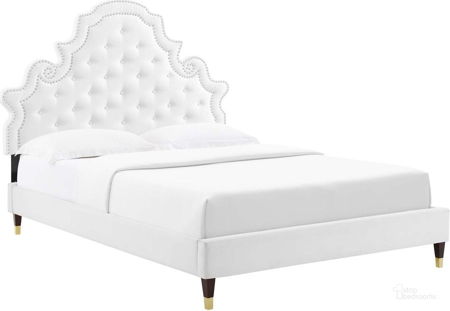 The appearance of Gwyneth Tufted Performance Velvet King Platform Bed MOD-6761-WHI designed by Modway in the modern / contemporary interior design. This white piece of furniture  was selected by 1StopBedrooms from Gwyneth Collection to add a touch of cosiness and style into your home. Sku: MOD-6761-WHI. Bed Type: Platform Bed. Product Type: Platform Bed. Bed Size: King. Material: MDF. Image1