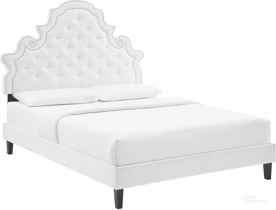The appearance of Gwyneth Tufted Performance Velvet King Platform Bed MOD-6762-WHI designed by Modway in the modern / contemporary interior design. This white piece of furniture  was selected by 1StopBedrooms from Gwyneth Collection to add a touch of cosiness and style into your home. Sku: MOD-6762-WHI. Bed Type: Platform Bed. Product Type: Platform Bed. Bed Size: King. Material: MDF. Image1