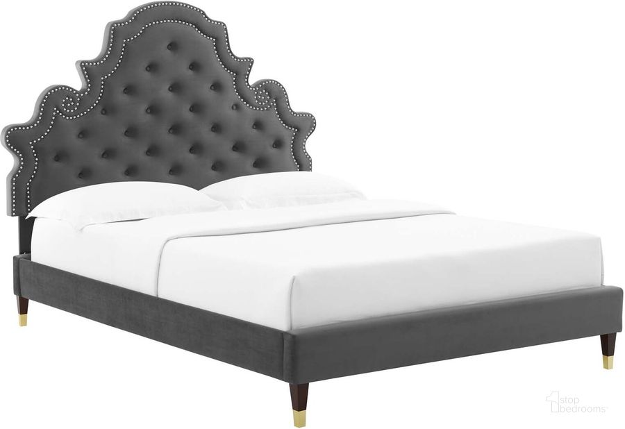 The appearance of Gwyneth Tufted Performance Velvet Queen Platform Bed MOD-6752-CHA designed by Modway in the modern / contemporary interior design. This charcoal piece of furniture  was selected by 1StopBedrooms from Gwyneth Collection to add a touch of cosiness and style into your home. Sku: MOD-6752-CHA. Bed Type: Platform Bed. Product Type: Platform Bed. Bed Size: Queen. Material: MDF. Image1