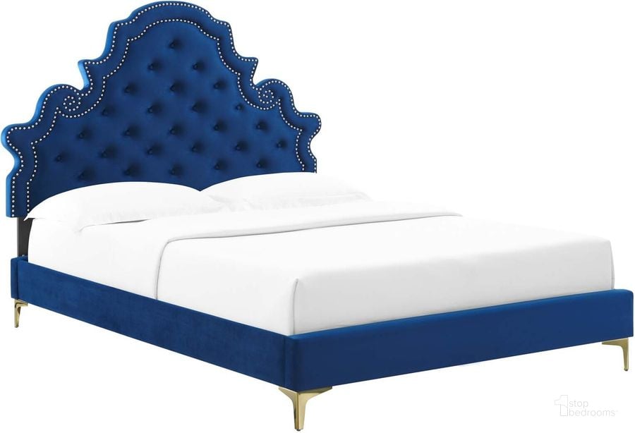 The appearance of Gwyneth Tufted Performance Velvet Twin Platform Bed MOD-6754-NAV designed by Modway in the modern / contemporary interior design. This navy piece of furniture  was selected by 1StopBedrooms from Gwyneth Collection to add a touch of cosiness and style into your home. Sku: MOD-6754-NAV. Bed Type: Platform Bed. Product Type: Platform Bed. Bed Size: Twin. Material: MDF. Image1