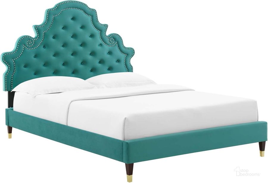 The appearance of Gwyneth Tufted Performance Velvet Twin Platform Bed MOD-6755-TEA designed by Modway in the modern / contemporary interior design. This teal piece of furniture  was selected by 1StopBedrooms from Gwyneth Collection to add a touch of cosiness and style into your home. Sku: MOD-6755-TEA. Bed Type: Platform Bed. Product Type: Platform Bed. Bed Size: Twin. Material: MDF. Image1