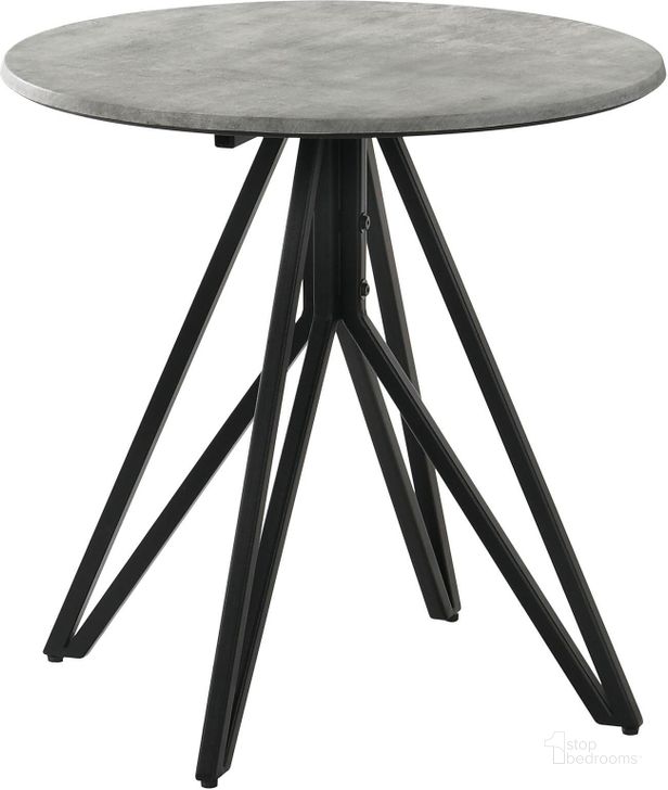 The appearance of Hadi Round End Table with Hairpin Legs In Cement and Gunmetal designed by Coaster in the modern / contemporary interior design. This cement/gunmetal piece of furniture  was selected by 1StopBedrooms from Hadi Collection to add a touch of cosiness and style into your home. Sku: 736177. Material: Wood. Product Type: End Table. Image1
