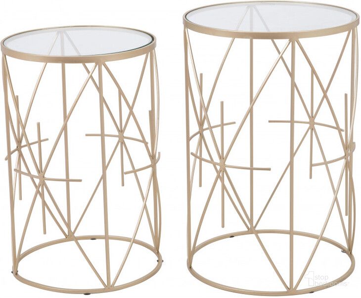 The appearance of Hadrian Clear and Gold Side Table Set Of 2 designed by Zuo Modern in the modern / contemporary interior design. This gold piece of furniture  was selected by 1StopBedrooms from Hadrian Collection to add a touch of cosiness and style into your home. Sku: 101475. Material: Glass. Product Type: Side Table. Image1