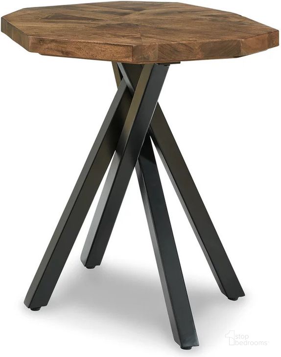 The appearance of Haileeton Brown And Black Round End Table designed by Signature Design by Ashley in the modern / contemporary interior design. This brown/black piece of furniture  was selected by 1StopBedrooms from Haileeton Collection to add a touch of cosiness and style into your home. Sku: T806-6. Material: Wood. Product Type: End Table. Image1