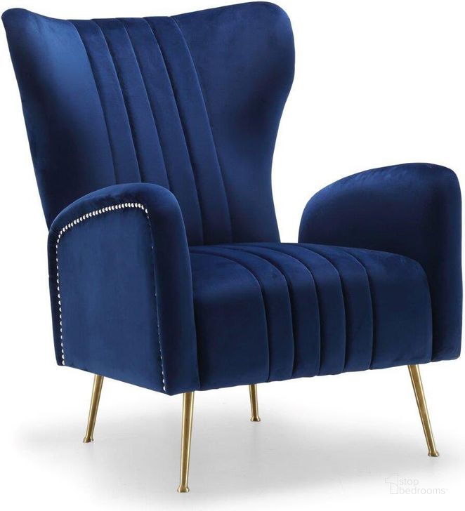 The appearance of Halencia Navy Velvet Chair designed by Furnique in the modern / contemporary interior design. This navy velvet piece of furniture  was selected by 1StopBedrooms from Halencia Collection to add a touch of cosiness and style into your home. Sku: 532Navy. Product Type: Accent Chair. Material: Velvet. Image1