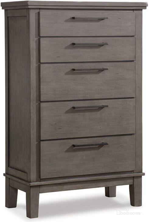 The appearance of Hallanden Gray Five Drawer Chest designed by Signature Design by Ashley in the modern / contemporary interior design. This gray piece of furniture  was selected by 1StopBedrooms from Hallanden Collection to add a touch of cosiness and style into your home. Sku: B649-46. Material: Wood. Product Type: Chest. Image1