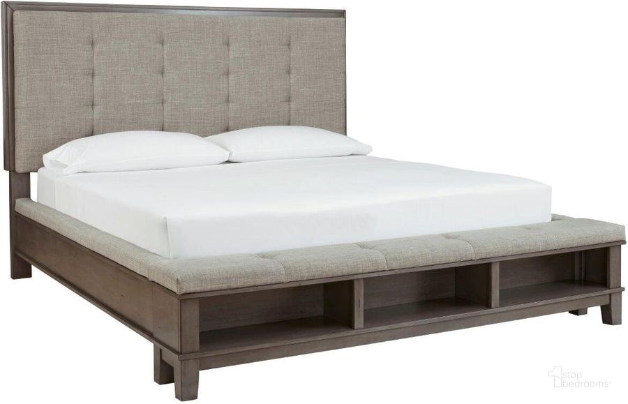 The appearance of Hallanden Grey King Upholstered Panel Storage Bed designed by Signature Design by Ashley in the modern / contemporary interior design. This gray piece of furniture  was selected by 1StopBedrooms from Hallanden Collection to add a touch of cosiness and style into your home. Sku: B649-58;B649-56;B649-97. Bed Type: Storage Bed. Material: Fabric. Product Type: Storage Bed. Bed Size: King. Image1